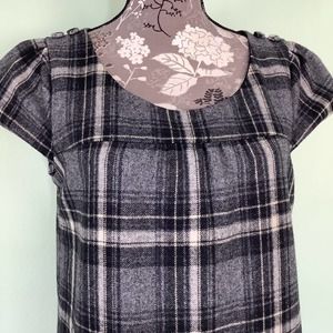 GAP Plaid Wool Yoked Scoop Neck Pocket Shift Dress A Line Short Cap Sleeve Gray